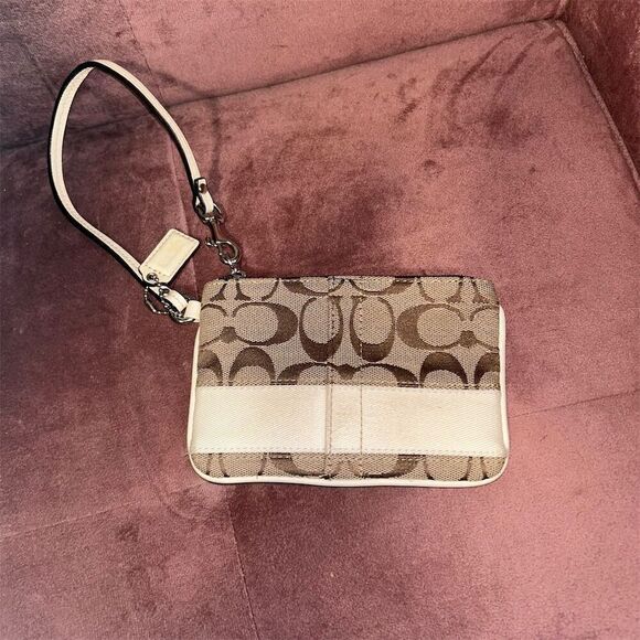 Coach Signature Stripe Wristlet Cream Brown Small Zip Closure Detachable Strap - Picture 1 of 5